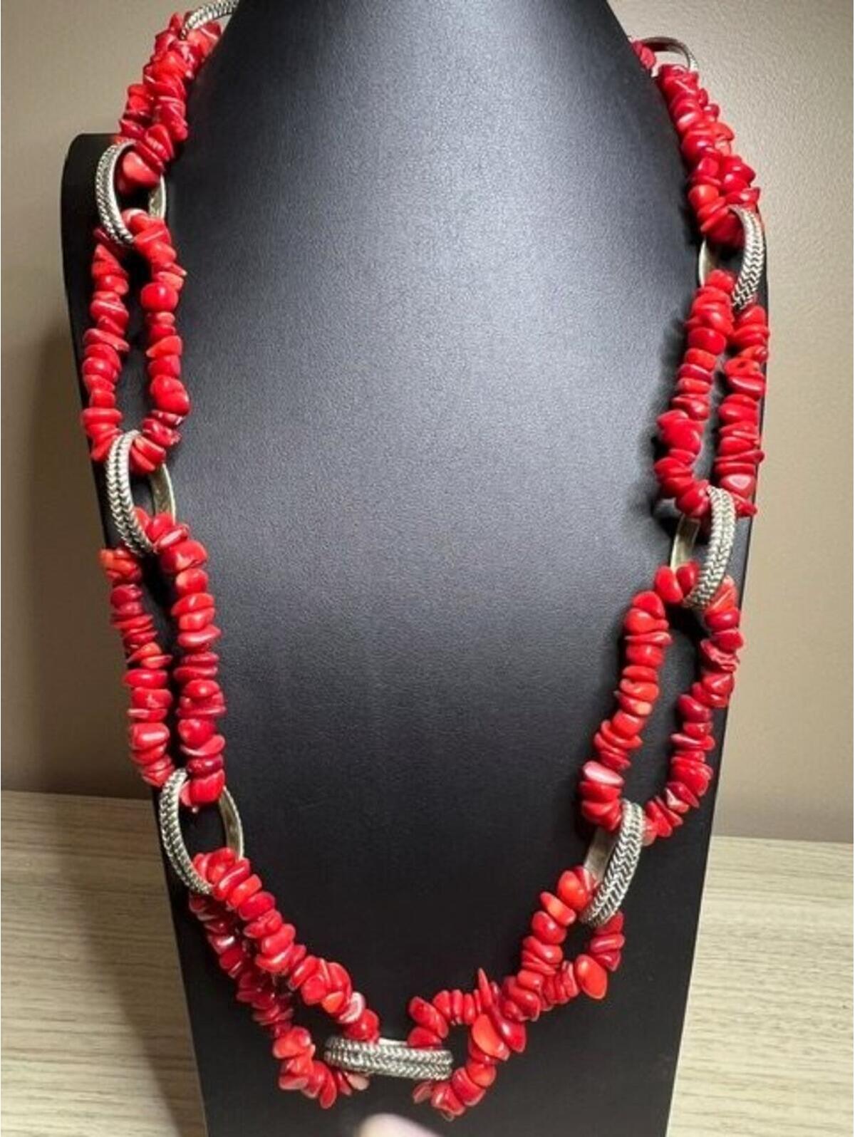 B4675 Sterling Silver Link Chunky Red Coral Chip Statement Necklace 29" Toggle